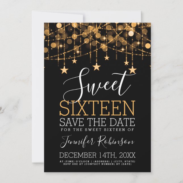 Gold Sweet 16 Funkelnd String Lights Rett Date Save The Date (Vorderseite)