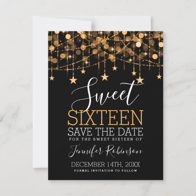 Gold Sweet 16 Funkelnd String Lights Rett Date Save The Date (Vorderseite)