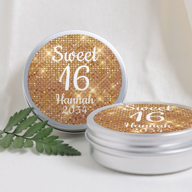 Gold Sweet 16 Girl Birthday Favors Tin Box Runder Aufkleber (Gold Sweet 16 Girl Birthday Favors Tin Box Classic Round Sticker
)