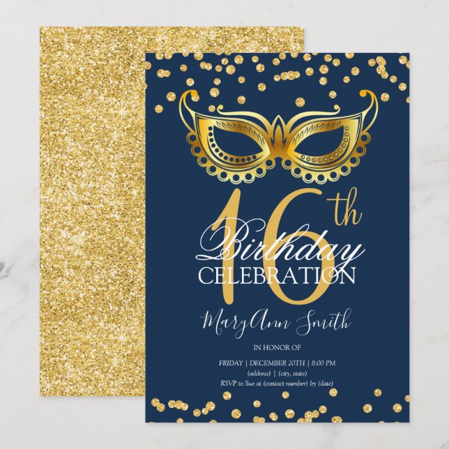 Gold Sweet 16 Masquerade Party Glitzer Navy Einladung (Vorne/Hinten)