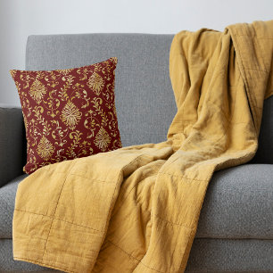 Gold Swirl Damask Muster auf Maroon Red Kissen