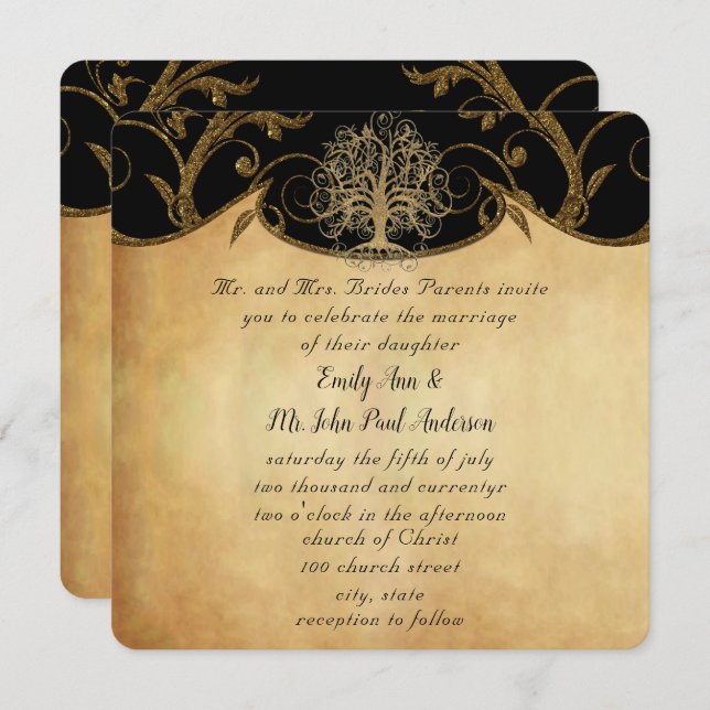Gold Swirl Tree Gold & Black Metallic Wedding Einladung (Vorne/Hinten)