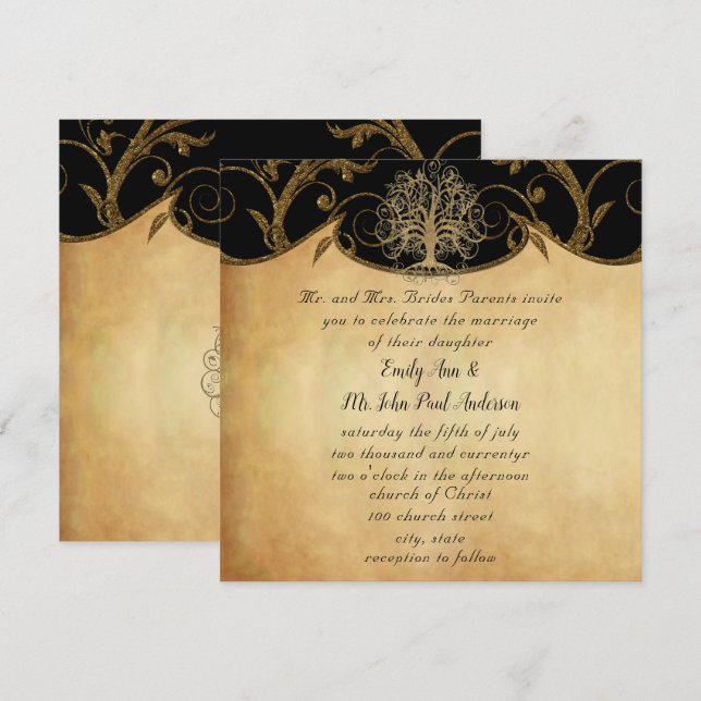 Gold Swirl Tree Gold & Black Metallic Wedding Einladung (Vorne/Hinten)