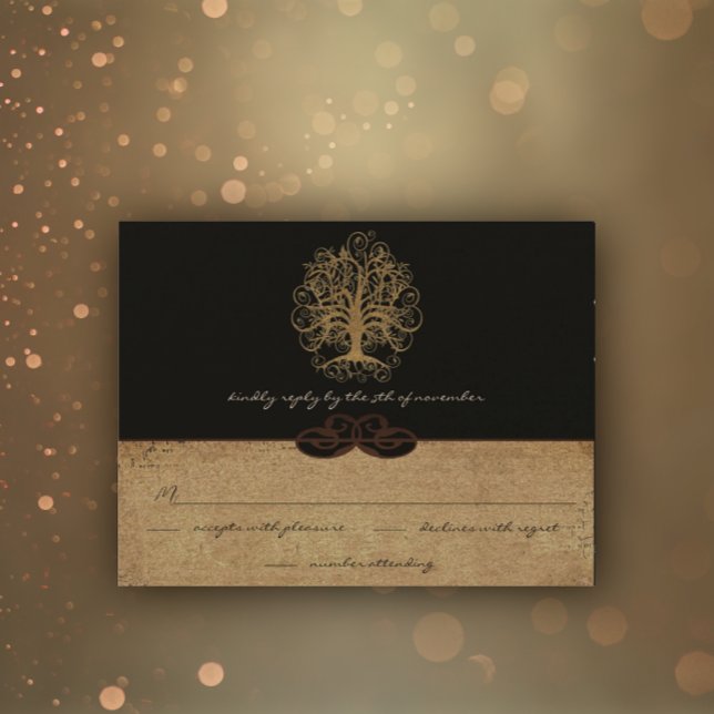 Gold Swirl Tree Gold & Black Metallic Wedding RSVP (Von Creator hochgeladen)