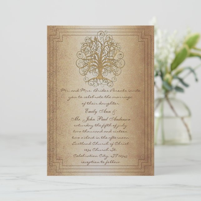 Gold Swirl Tree Gold Metallic Wedding Einladung (Stehend Vorderseite)
