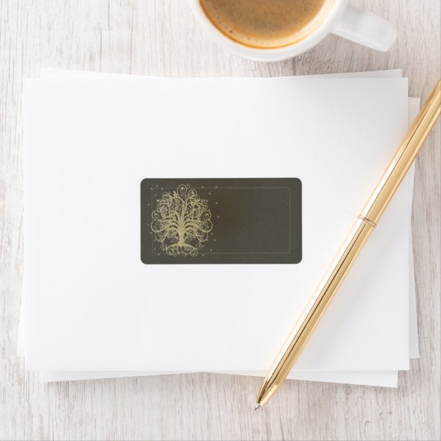 Gold Swirl Tree on Black mit Sternenadresse Label Adressaufkleber (Insitu)