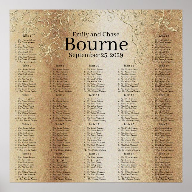 Gold Swirl Wedding Seating Chart Poster (Vorne)