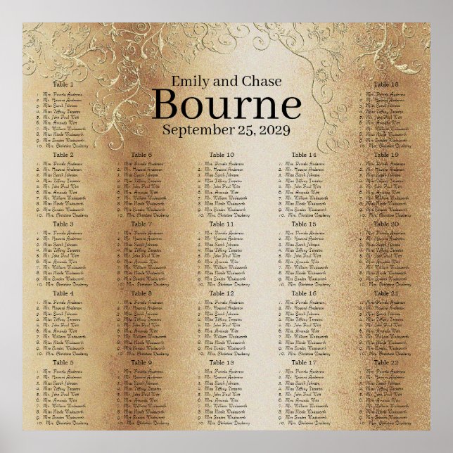 Gold Swirl Wedding Seating Chart Poster (Vorne)