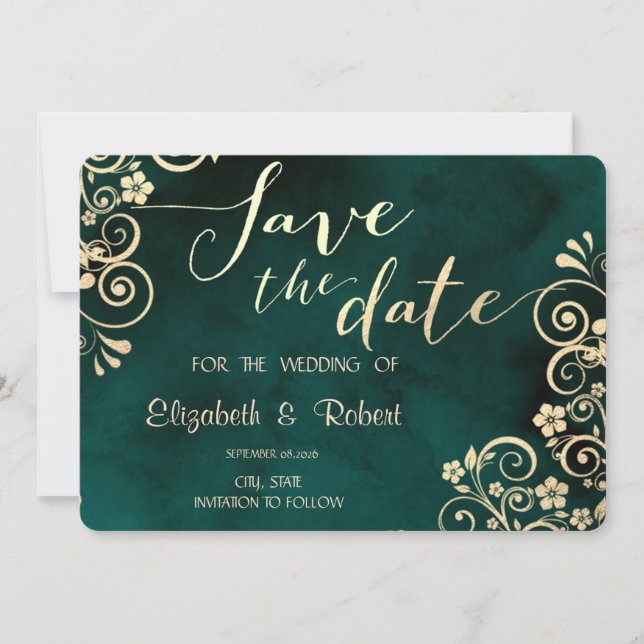 Gold Swirls Emerald Green Wedding Save The Date (Vorderseite)