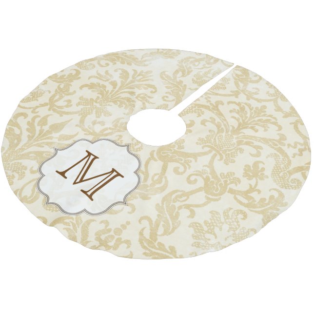 Gold Tan Damask Lace Monogram Ursprüngliches Trepp Polyester Weihnachtsbaumdecke (Schrägansicht)