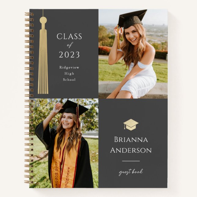 Gold Tassel & Cap Dark Grau 2 Foto Abschluss Notizbuch (Vorderseite)