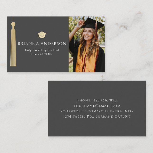 Gold Tassel & Cap Dark Gray Foto Abschluss Visitenkarte (Vorne/Hinten)