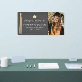 Gold Tassel & Cap Gray Graduation Party Foto Banner
