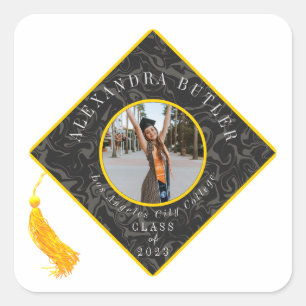 Gold Tassel Foto Script Class of 2023 Abschluss Quadratischer Aufkleber