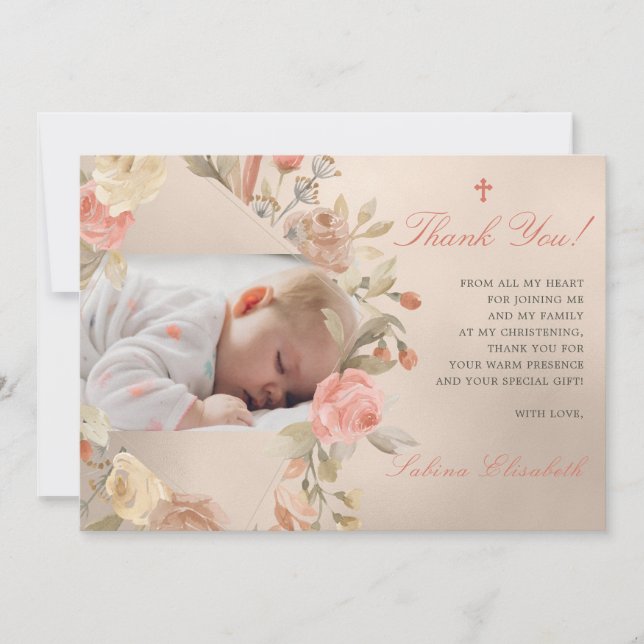 Gold Taufe Christening Baby Rose Garden Foto Dankeskarte (Vorderseite)
