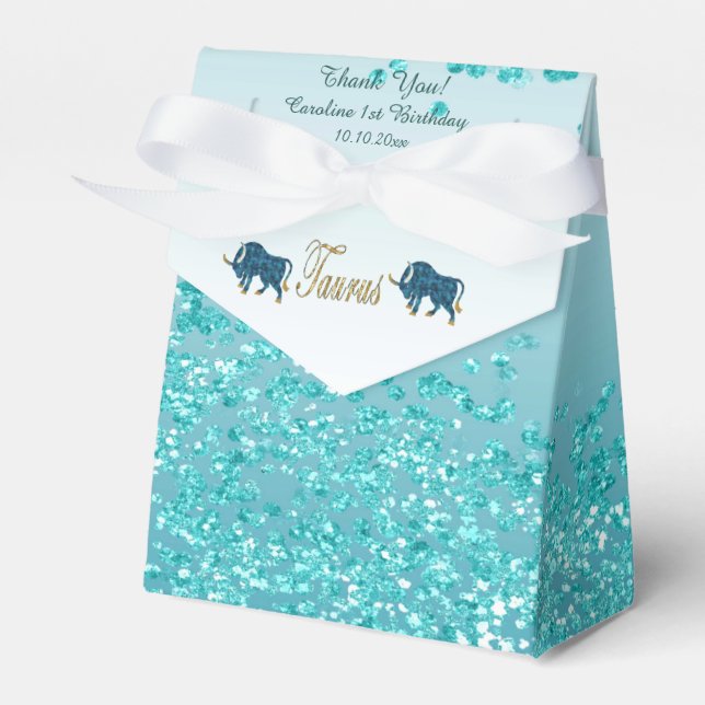 Gold Taurus & Aquamarin Blue Glitzer Geburtstag Geschenkschachtel (Vorderseite)