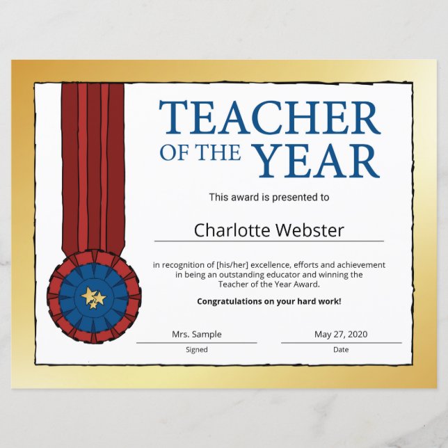 Gold Teacher of the Year Certificate Award (Vorderseite)