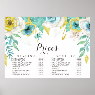 Gold Teal Floral Friseurin Menü Preis Poster