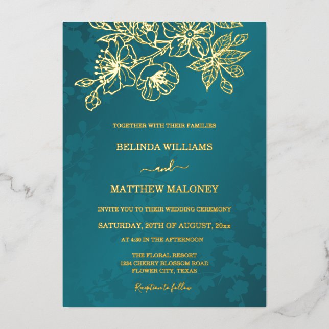 Gold Teal Floral Wedding Folieneinladung (Vorderseite)