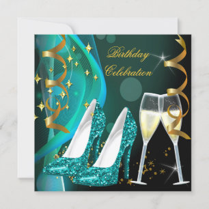 Gold Teal Glitzer Schuhe Champagner Geburtstagsfei Einladung