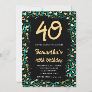 Gold Teal Leopard Schwarz Bemalt 40. Geburtstag Einladung