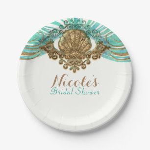 Gold & Teal Meeresschalen Glamour Strandparty Eleg Pappteller