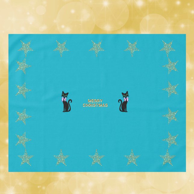 Gold Teal Merry Christmas Cats Stars pink Bows Tischdecke (Merry Christmas black cats in pink bows gold stars on vibrant teal Christmas dinner table cloth.)