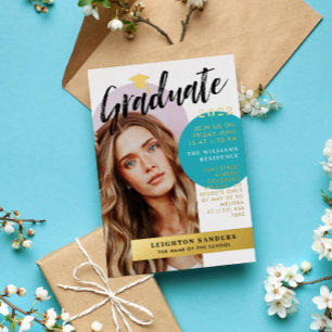 Gold & Teal Retro-Bogen-Foto-Abschlussfeier Folieneinladung