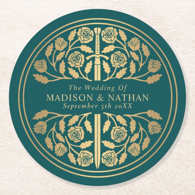 Gold Teal Royal Medieval Sword Wedding Runder Pappuntersetzer (Vorderseite)