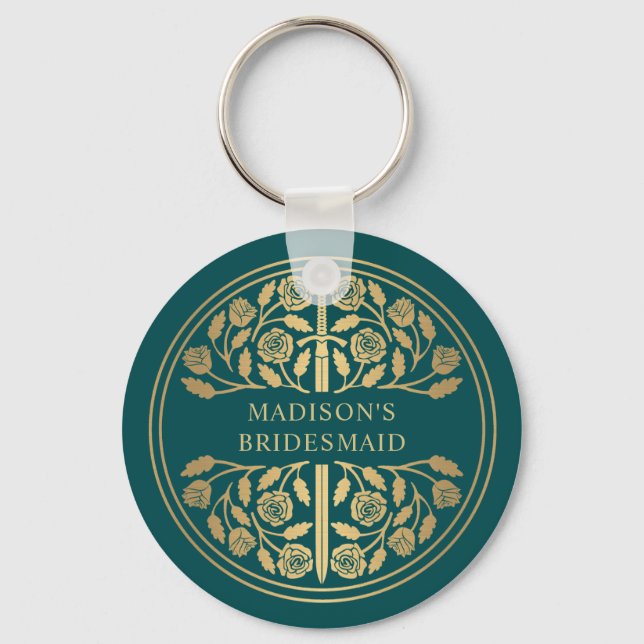 Gold Teal Schwert Brautjungfer Königliche Hochzeit Schlüsselanhänger (Vorderseite)