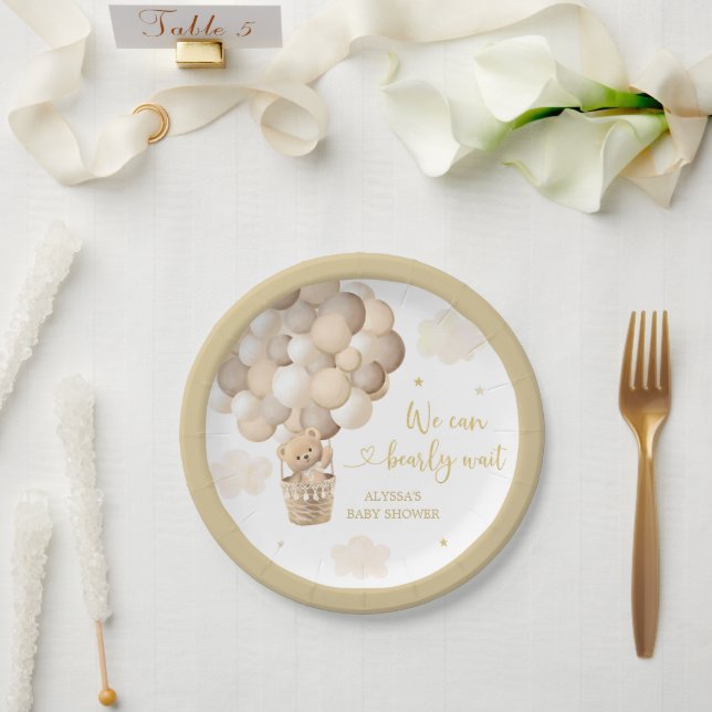 Gold Teddy Bear Hot Air Ballon Babydusche Pappteller (Hochzeit)