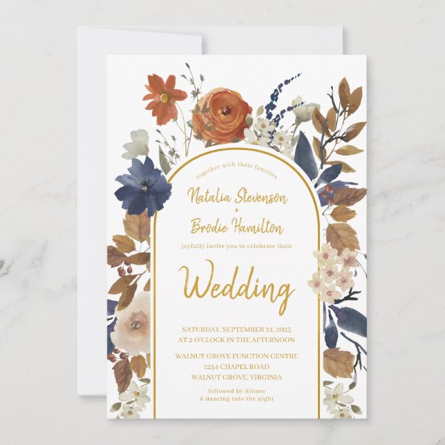 Gold Terracotta Blue Floral Boho Wedding Einladung (Vorderseite)