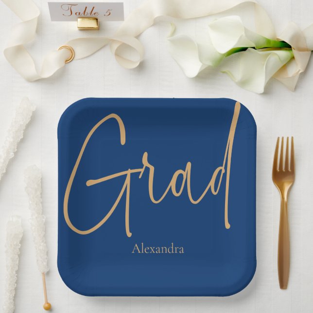 Gold Text Grad Abschluss Blau Pappteller (Hochzeit)