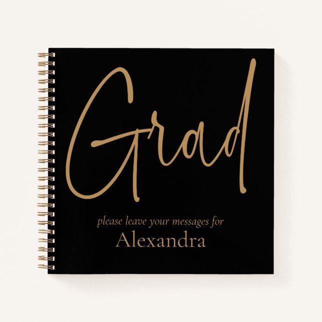 Gold Text Grad Name Abschluss Black Guest Book Notizbuch (Vorderseite)