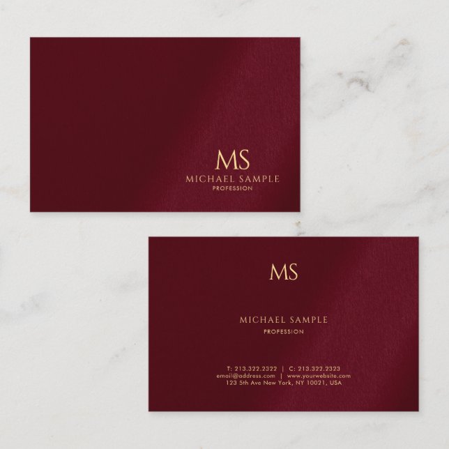 Gold Text Monogram Template Luxe Bordeaux Elegant Visitenkarte (Vorne/Hinten)