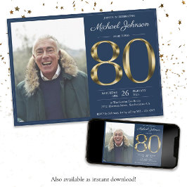 Gold Text Navy Blue Classy Foto 80. Geburtstag Einladung
