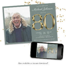 Gold Text Sage Green Classy Foto 80. Geburtstag Einladung