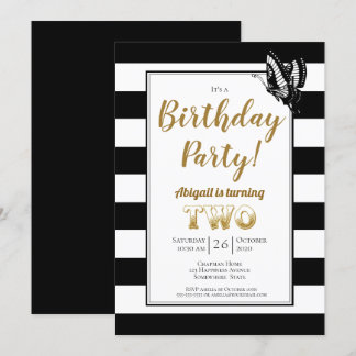 Gold Text Schwarz und Weiß Streifen 2. Geburtstag Einladung