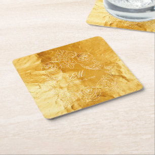 Gold Texture Vintages Monogram Wappen Hochzeitslog Rechteckiger Pappuntersetzer