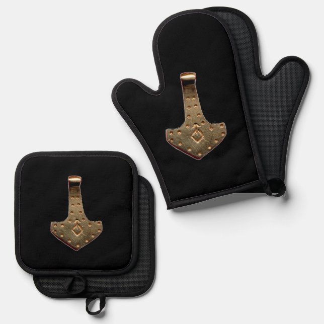Gold Thammer Schwarz Ofen Mitt Topfhalter Ofenhandschuh & Topflappen-Set (Vorderseite/Rückseite)