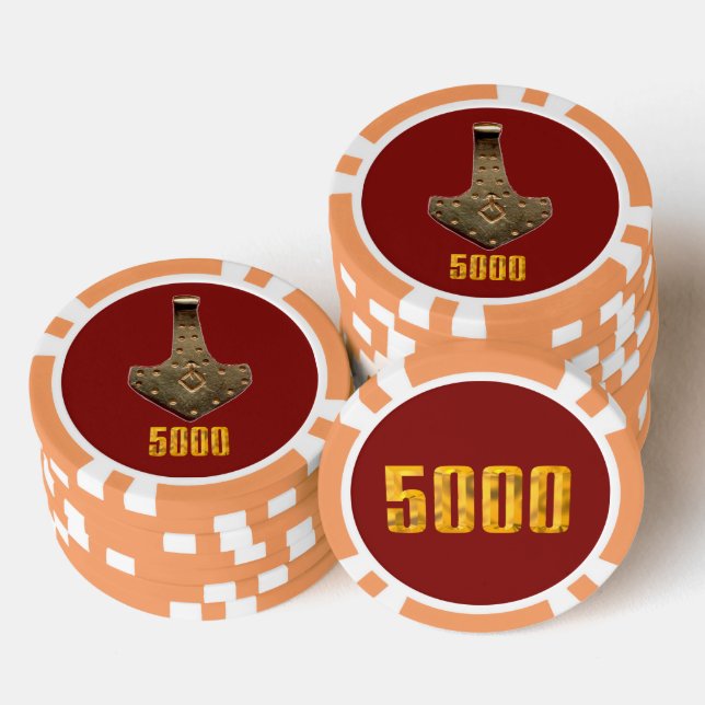 Gold Thor Hammer Red Orange 5000 Stripe Poker Chip (Stapel)