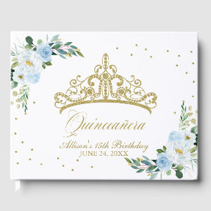 Gold Tiara Blush Baby Blue Floral Quinceanera Gästebuch
