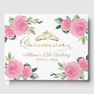 Gold Tiara Blush Hot Pink Floral Quinceanera Gästebuch