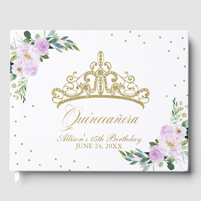 Gold Tiara Blush Lila Lilac Floral Quinceanera Gästebuch (Vorderseite)