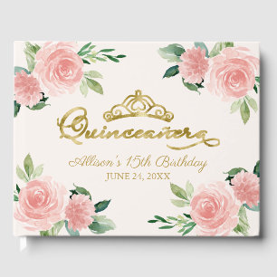 Gold Tiara Blush Pink Floral Quinceanera Gästebuch