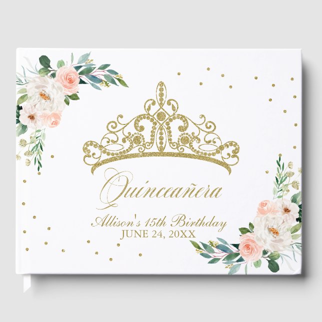 Gold Tiara Blush Pink Floral Quinceanera Gästebuch (Vorderseite)