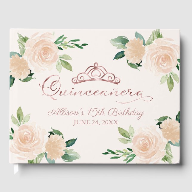 Gold Tiara Blush Pink Floral Quinceanera Guest Boo Gästebuch (Vorderseite)