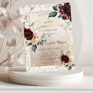 Gold Tiara, Burgund Blume Quinceañera Einladung