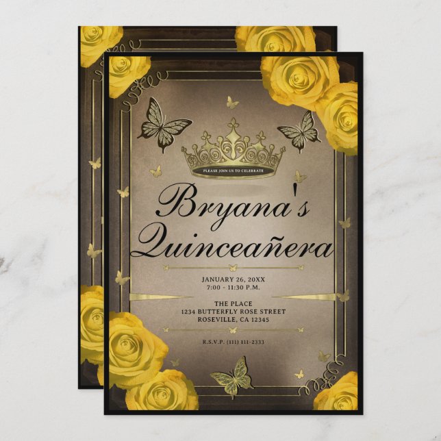 Gold Tiara Butterfets Yellow Roses Quinceañera Einladung (Vorne/Hinten)