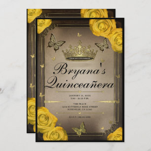 Gold Tiara Butterfets Yellow Roses Quinceañera Einladung
